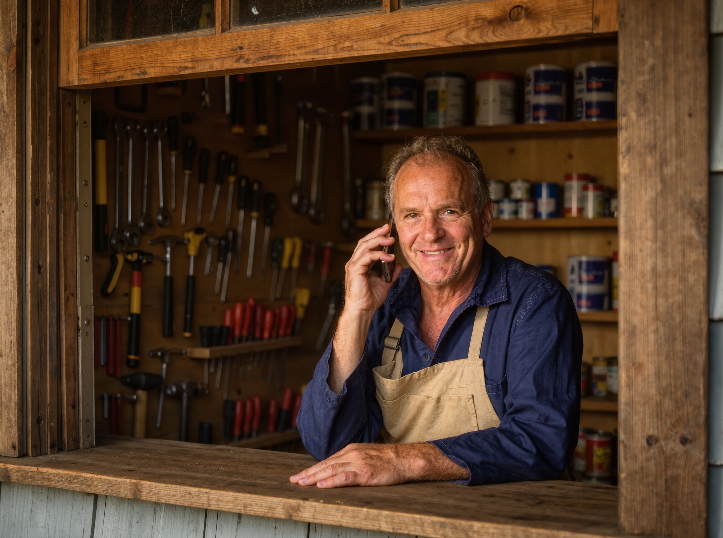 A hardware store owner on the phone behind his counter