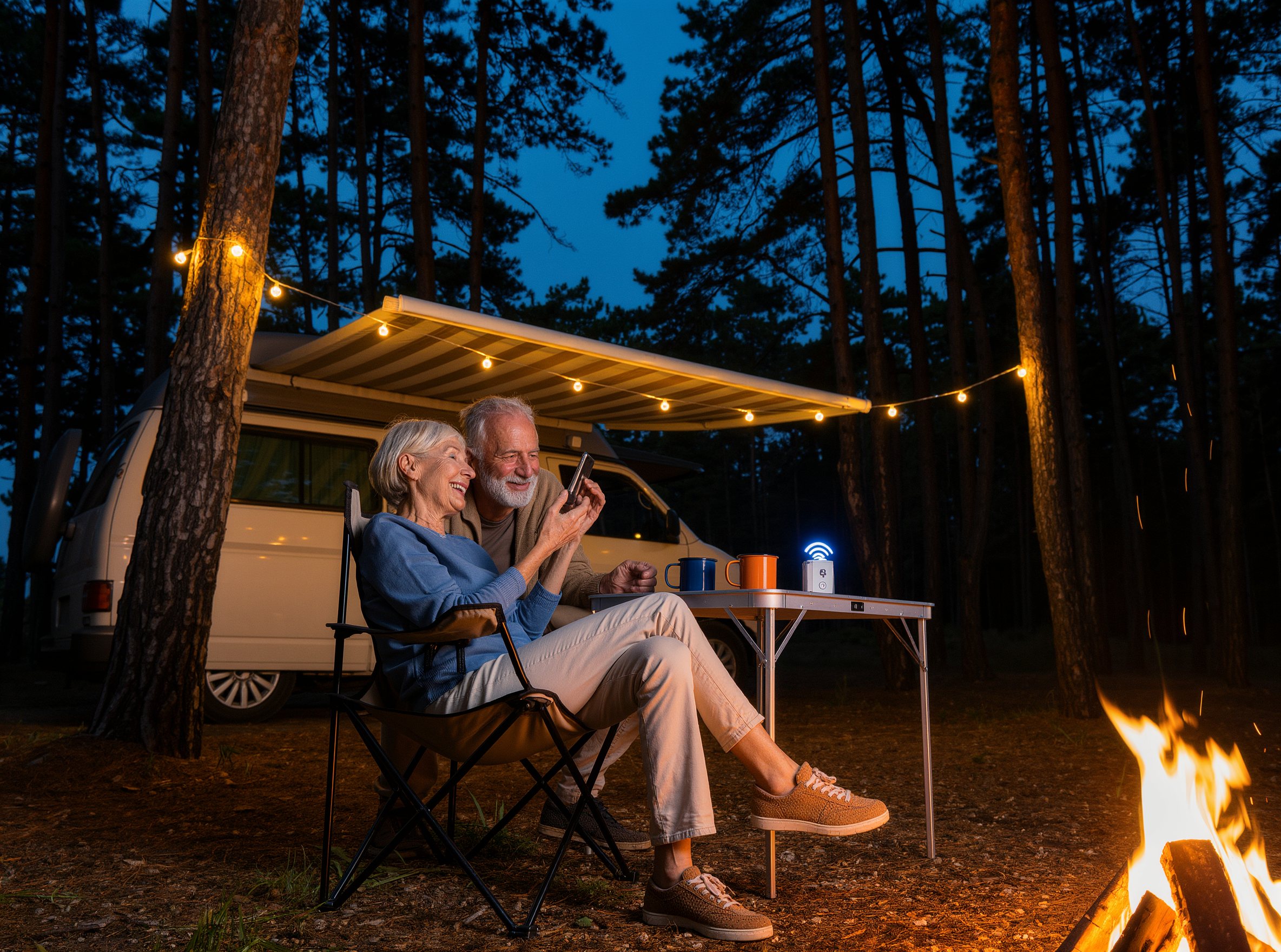 A couple video-calling family from their campsite at dusk