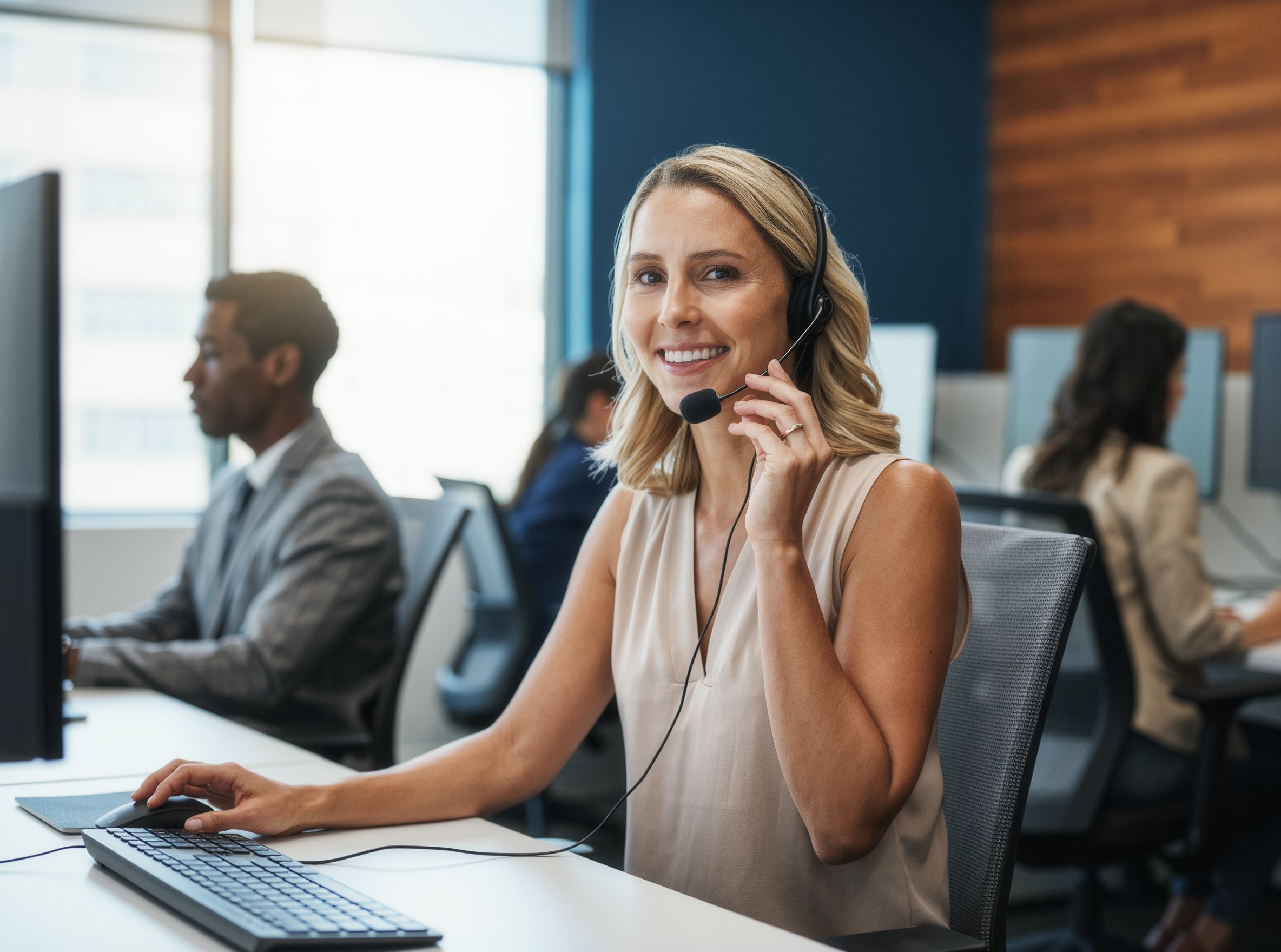 A smiling customer care specialist wearing a headset