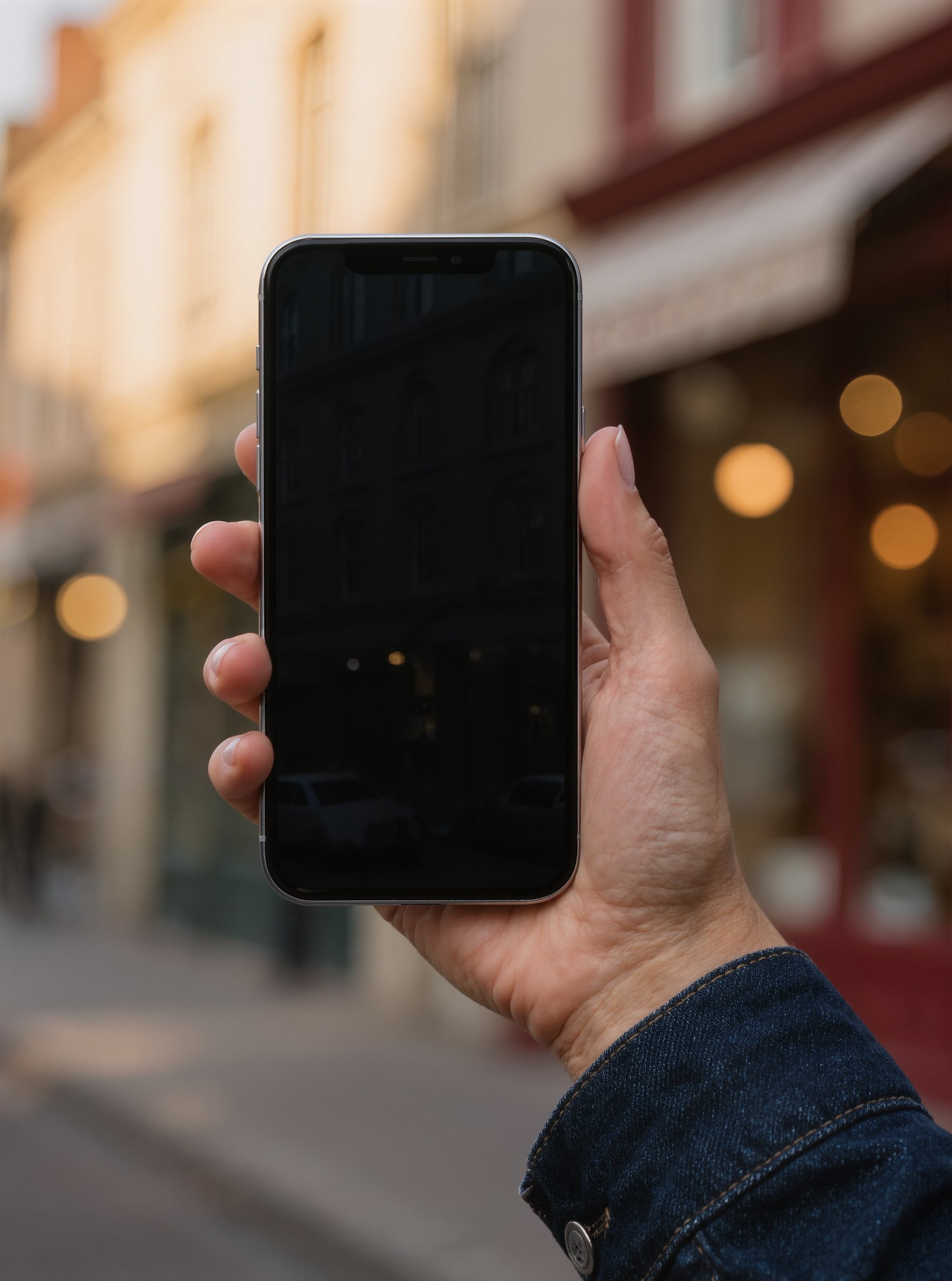 A hand holding a smartphone on a sunny small-town street